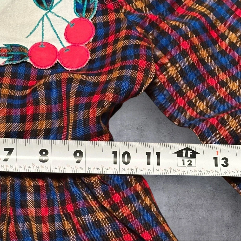 Vintage ady Girls‎ Plaid Dress Cherry Embroidery Long Sleeve Prairie Size 4 5